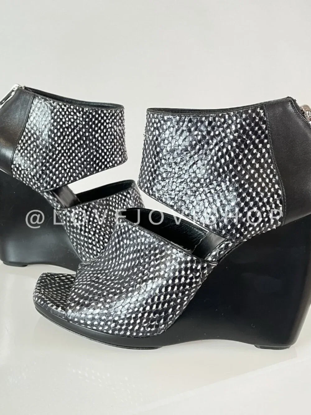 Runway | Balenciaga Snakeskin Black White Peep Toe Wedge Sandal Heel | Luxury 10
